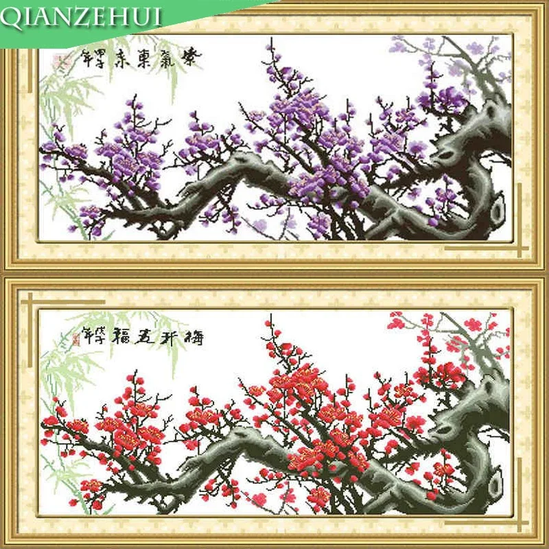 QIANZEHUI,Needlework,DIY Purple east plum accurate printing cross stitch, Landscape scenery ,Wall Home Decro