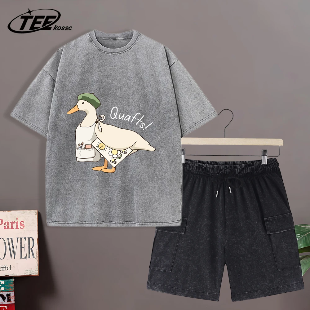 

The Big Goose Who Loves Drawing Washed T-Shirt Men Casual Breathable Tee Suit Unisex Fashion Shortwear Loose Cotton Clothing