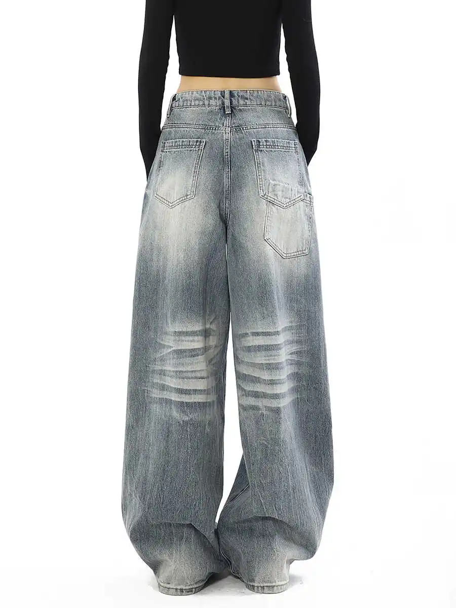 Damen Baggy Wide Fit Jeans Herren Denim Hose Stickerei American Retro High Street Y2K Japanisch Harajuku Wide Fit Cowboy Grunge