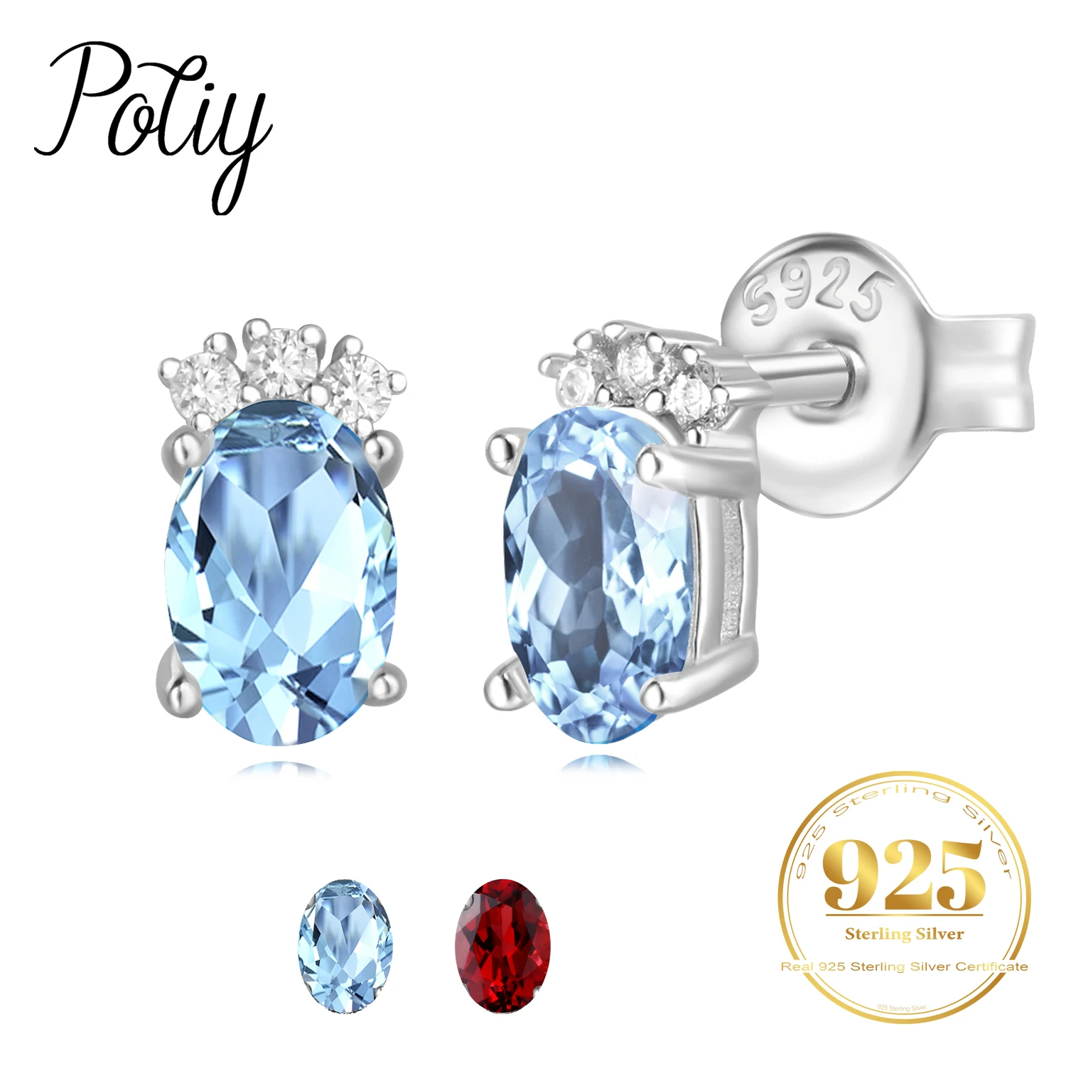 

Potiy Natural Oval Total 1.1ct Sky Blue Topaz Garnet Stud Earrings 925 Sterling Silver for Women Daily Wedding Party Jewelry