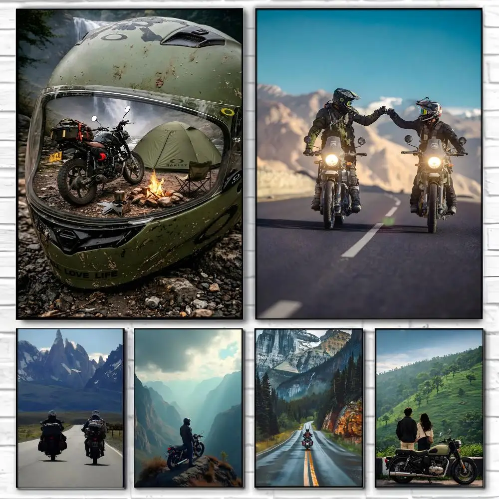 Motorcycle Wander Duo Mountain Highway Poster  Self-adhesive Art Waterproof Paper Sticker Coffee House Bar Room Wall Decor