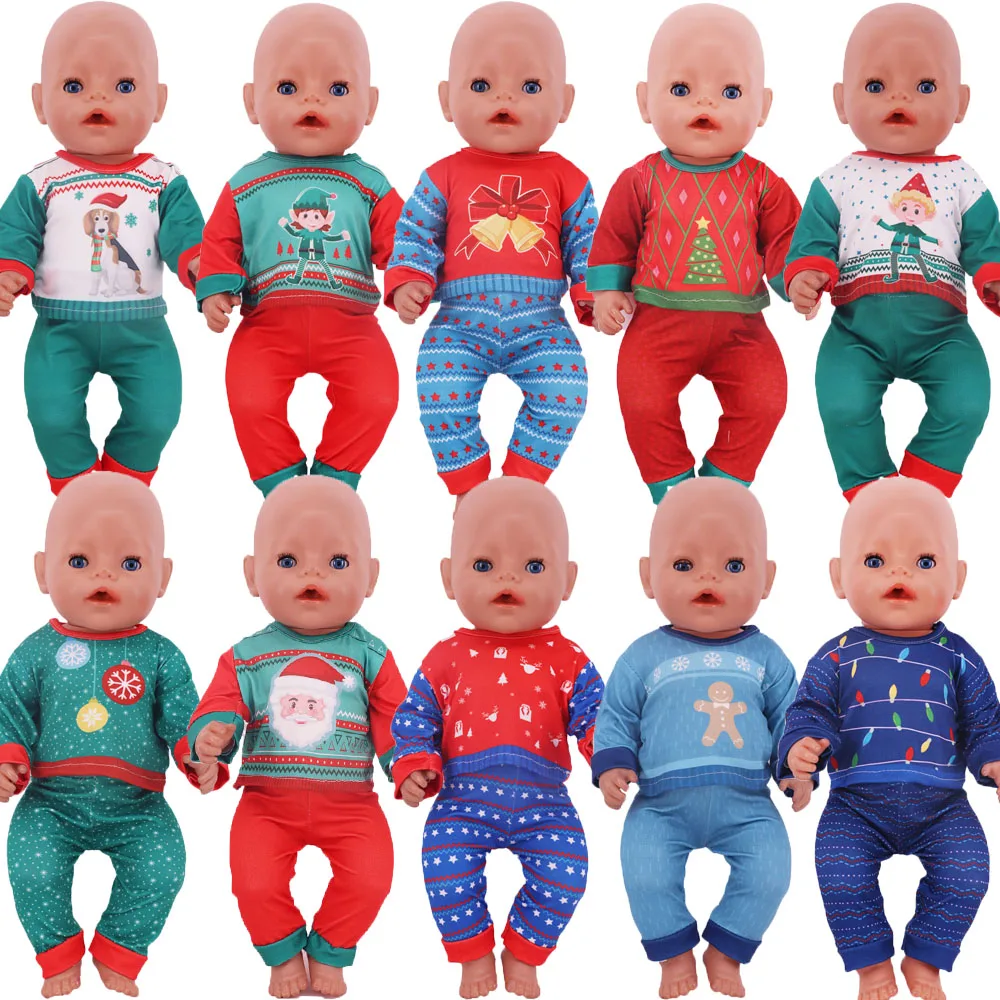Puppenkleidung im Weihnachtsstil, Oberteil + Hose für 18-Zoll-amerikanische Puppen 43 cm große wiedergeborene Babypuppenzubehör, Mädchenspielzeug unserer Generation