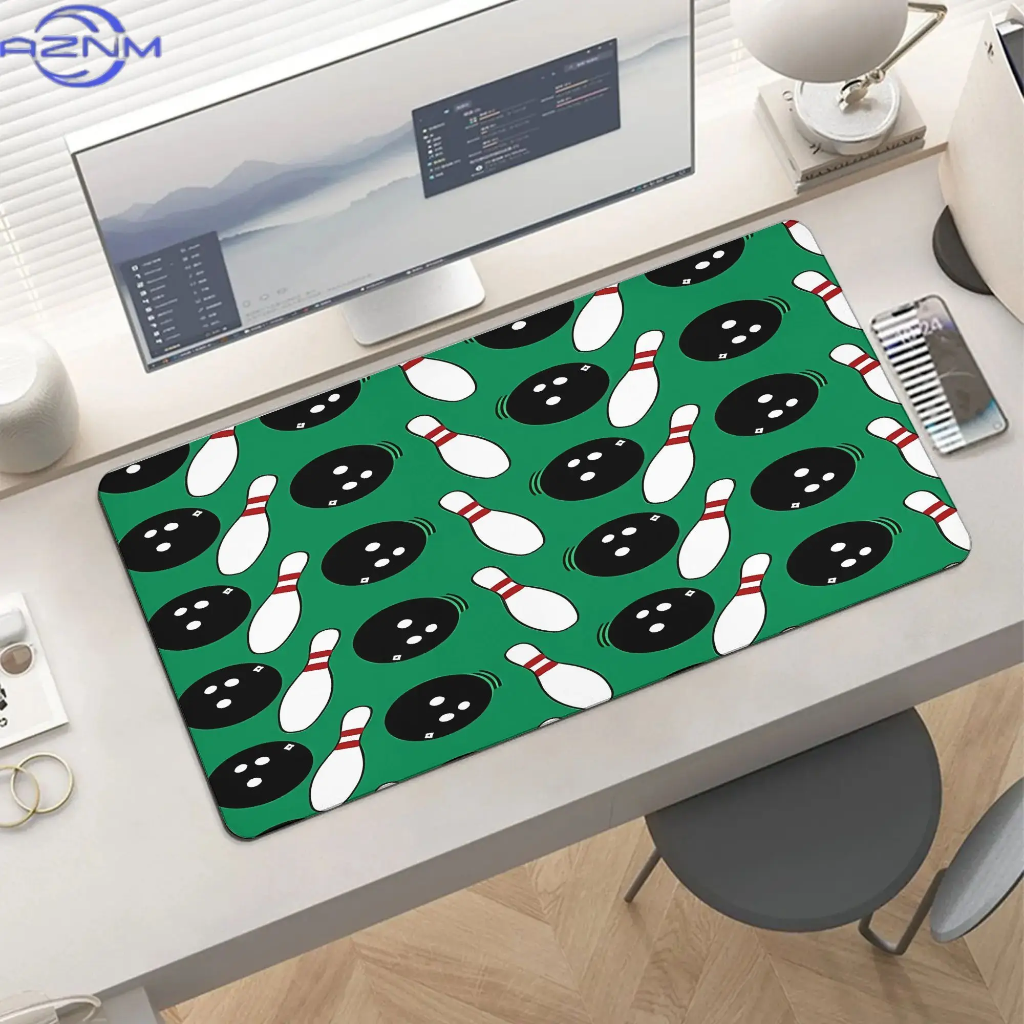 Theme: Green And Black Themed Desk Mat with Rubber Base And Surface Design, Featuring Bowling Pins And Perfect Score. Ideal for