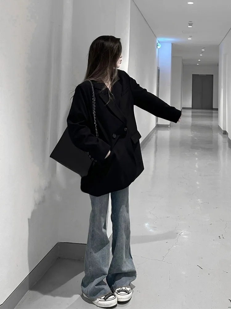 

Черный повседневный женский пиджак оверсайз, весна 2026, новая дизайнерская модель, верхняя одежда из полиэстера с длинными рукавами на пуговицах