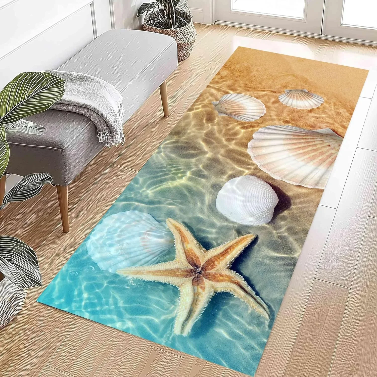 Nautical Floral Runner Rug Fossilized Seahorse Shell Crab Blue Floor Mat,Coral Ocean Area Rug, Non-Slip Rug for Cabin Entryway
