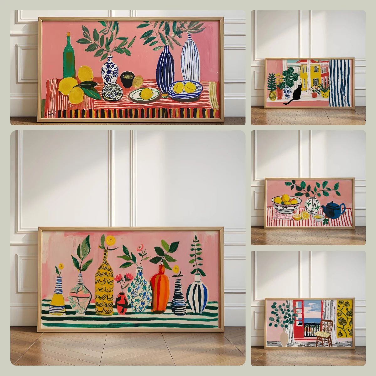Série Matisse: Arte de Parede em Tela com Gato Preto Abstrato e Flores Coloridas em Vaso, Pintura Moderna em Tela sem Moldura para Decoração de Sala d