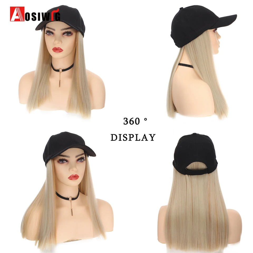 AOSI Fashion Black Baseball Cap With Wig One Piece Women Summer Synthetic Long Straight Hair Adjustable Hat Wig