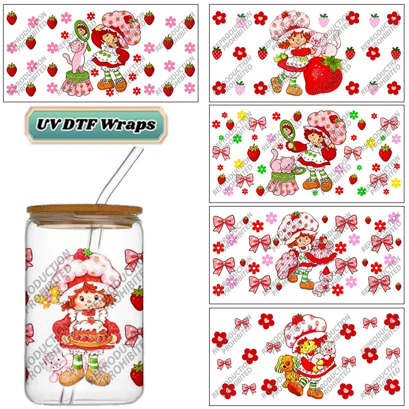 Cartoon Strawberry Girl UV DTF Cup Wrap Transfer Sticker for 16oz Glass Can DIY Decal Customized
