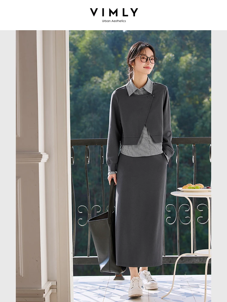 

VIMLY 2 Piece Skirt Sets Woman 2025 Casual Outfits Spring Women Suit 2 In 1 Sweatshirt Straight Skirt Female Matching Sets A0817