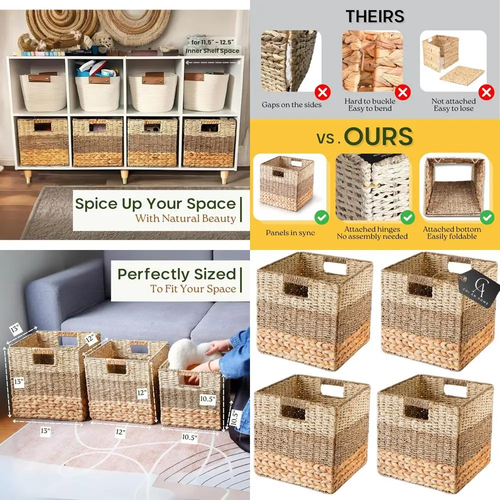 

Корзины для хранения из натуральной плетеной кубики, складные квадратные контейнеры с ручкой, набор из 4 предметов для кладовой и организации гостиной