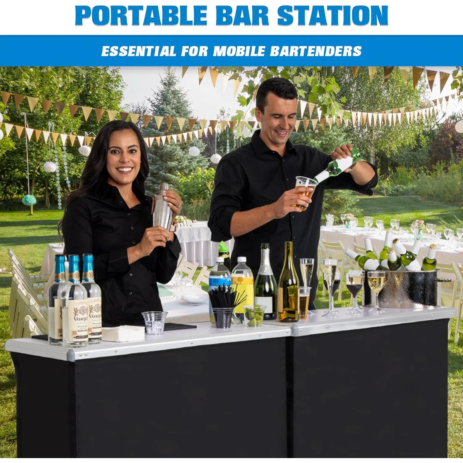 US GoBar Portable Double Bar Table Set - Mobile Bartender Station for Events - Includes Carrying Case - Standard or LED