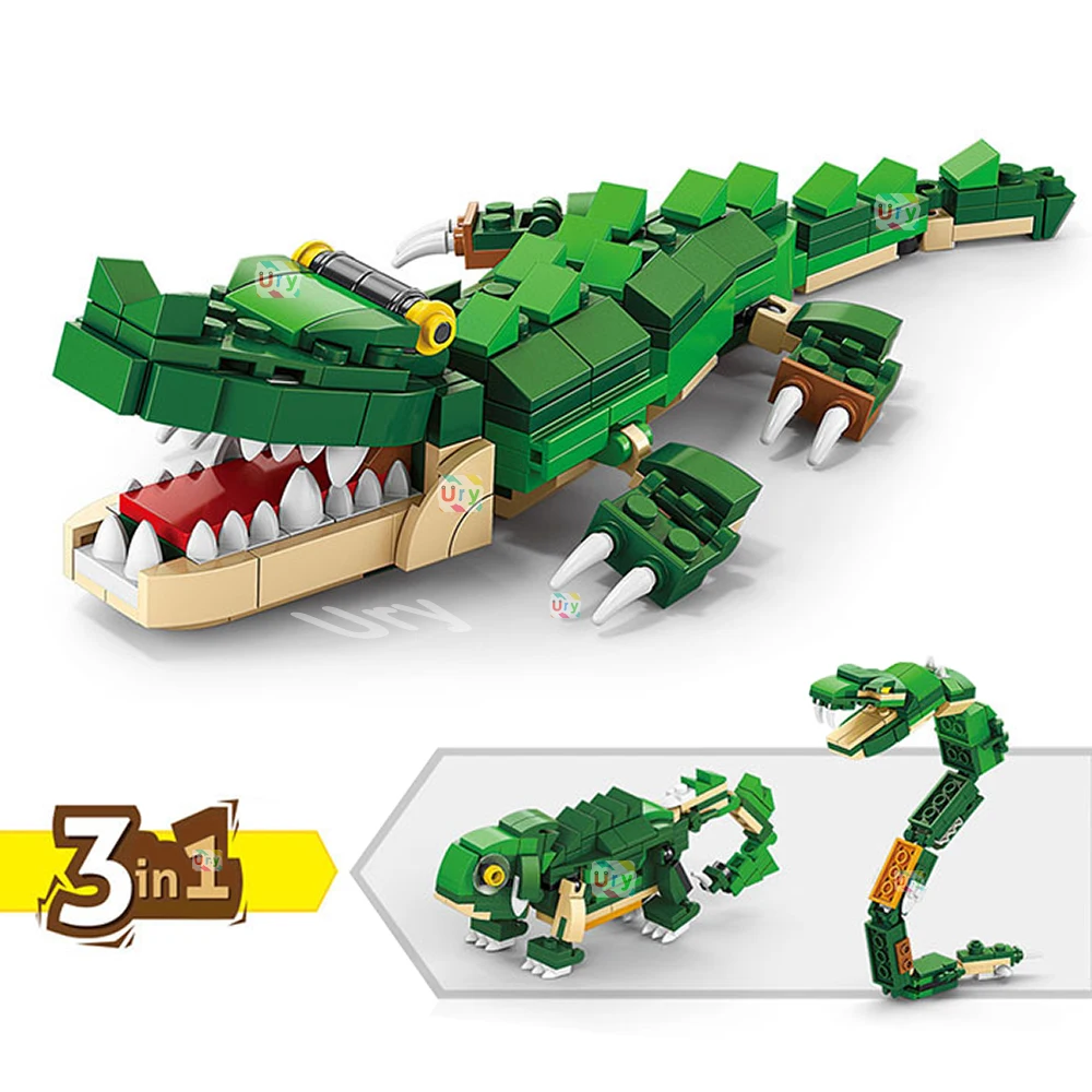 Moc Ocean Marine Fish 3in1 Animals Shark Tiger Owl Crocodile Model Set Building Blocks Diy Children Assemble Toy for Kid Gift