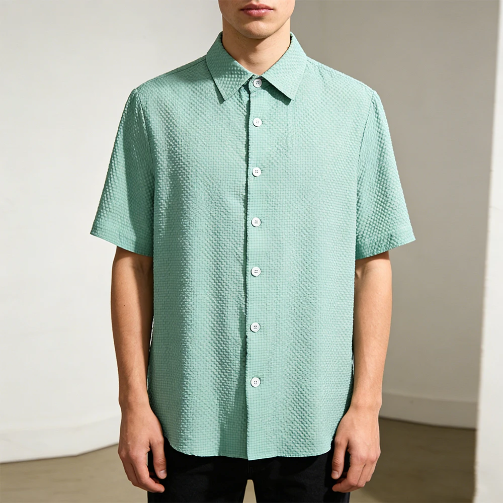 

Breathable Summer Men's Shirt Mint Green Bubble Grid Textured Streetwear Aesthetic Loose Fit Casual Short Sleeve Button Up Top
