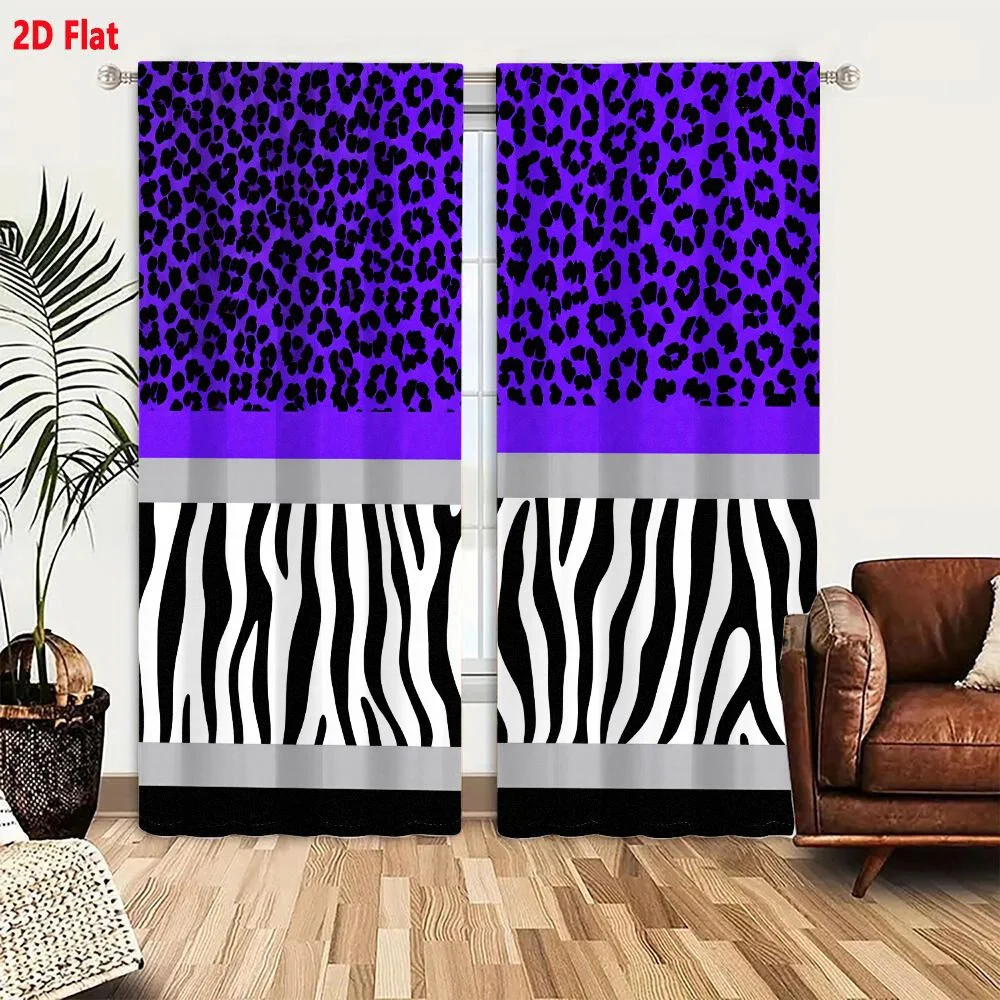 2Pcs Curtains 2D Flat Purple Black Floral Leopard Spots And Black White Zebra Stripe Patterned Design Window Drapes for Bedroom