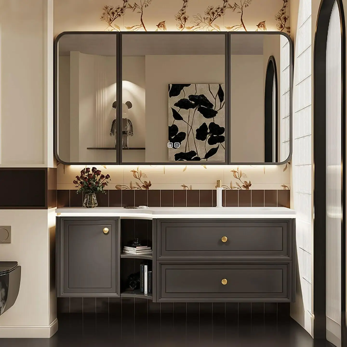French Modern Style Smart Vanity Mirror Cabinet With Stone Basin Water Resistant Feature Solid Wood Construction For Villa Use