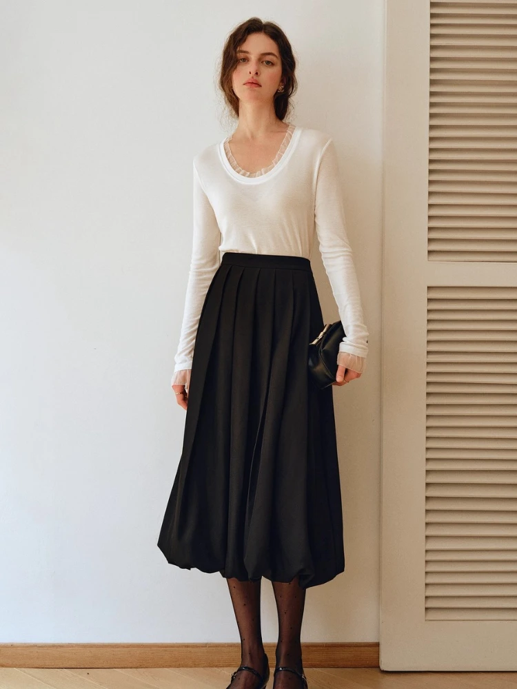 OLrain المرأة برعم تنورة 2025 الخريف جديد في عالية الخصر مطوي ميدي التنانير موضة عادية الصلبة فضفاض تنورة أنيقة O57QB001036