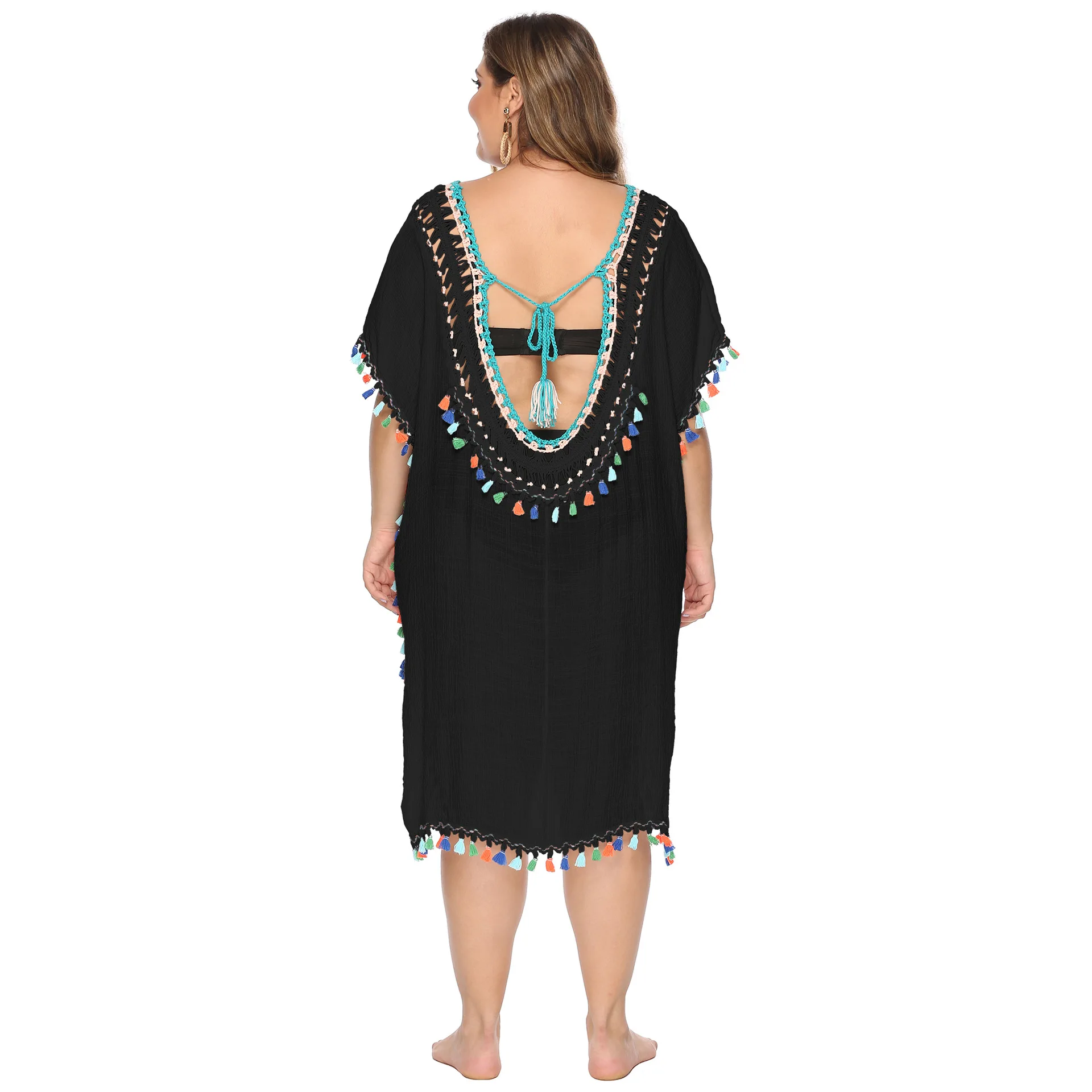 Vestido holgado de talla grande para mujer, con borla de color, con gancho para la mano, empalme, sexy, para playa