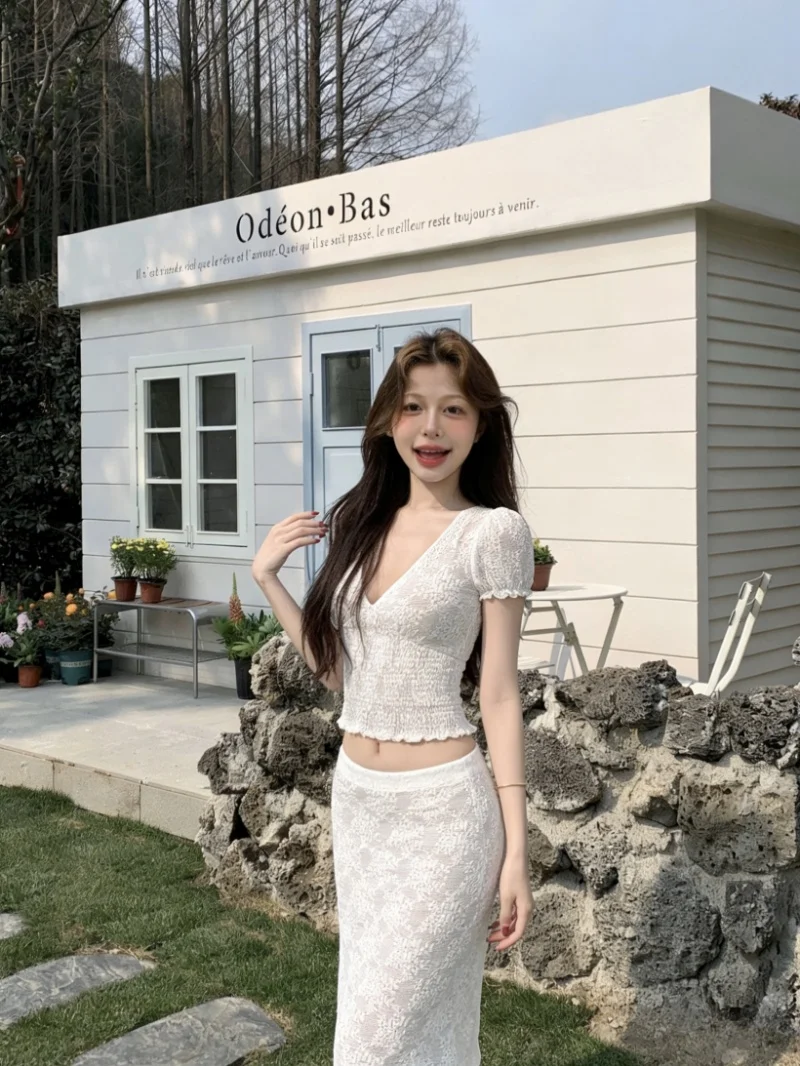 

Kumikumi Sexy Short Sleeve T-Shirt And High Waist Skirt Two Piece Set Women's Fashion Spring Collection V Neck Lace Outfit