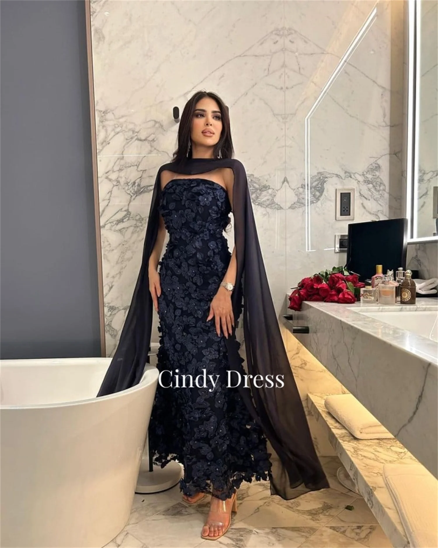 Navy Blue 3D Flower Mermaid Dresses on Offer Liquidation Long Wedding Party Dress Special Events Saudi Women Evening Customized