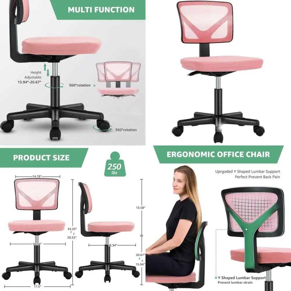 

Ergonomic Armless Office Chair, Low Back Desk Swivel Chair, Adjustable Rolling Computer Chair for Home, Compact Spaces, Pink