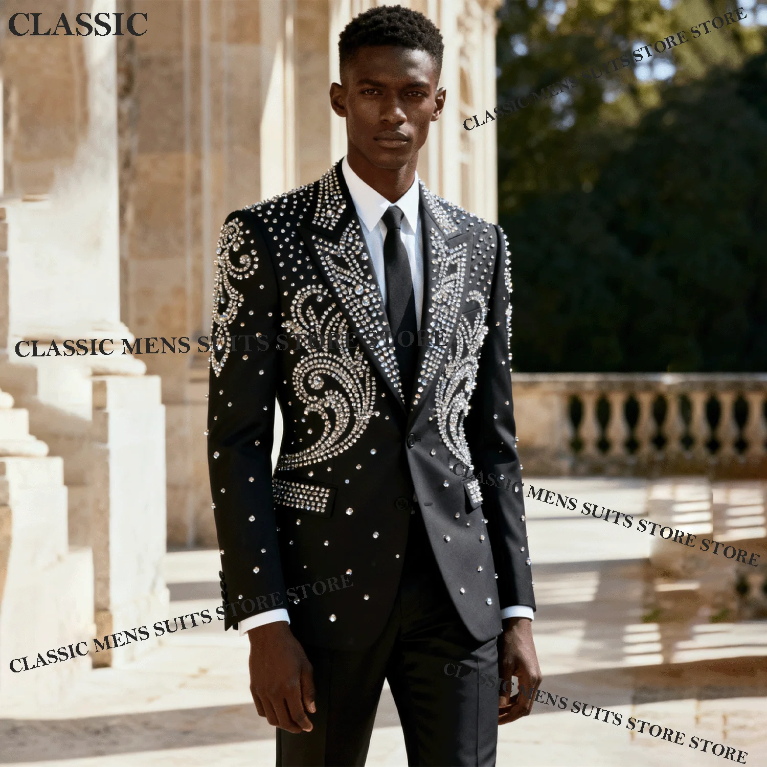 

Customized Rhinestones Crystals Men Suits Wedding Tuxedos Slim Fit Handsome Formal Ropa hombre 2 Pieces Sets Groom Male Blazers