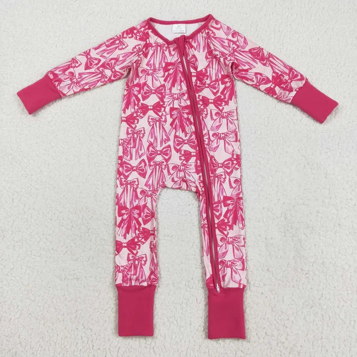 

RTS Kids Romper Hot Pink Bows Print Baby Girls Fall Zipper Sleeper Romper