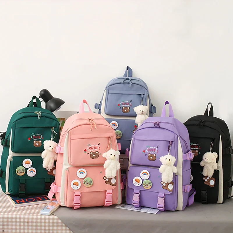 5Pcs/Set Cute School Bags for Girls Backpack Kids Double Shoulders Bag Oxford Cloth Handbag Coin Purse Pencil Bag Crossbody Bag