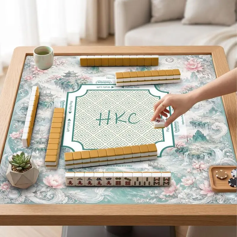 VIKAMA New Chinese Lotus Landscape Mahjong Mat Non Slip Washable Custom Pad Shock Absorb For US Mahjong Fans