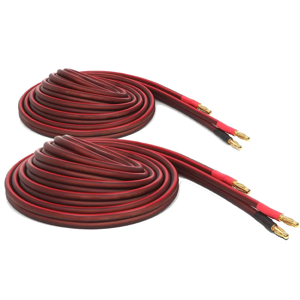 2PCS 14-Gauge Pure Copper Speaker Cable Pair,  Banana Plugs | Gold Plated, Soldered Joints, Dual-Layer Jacket, Slim Low Profile