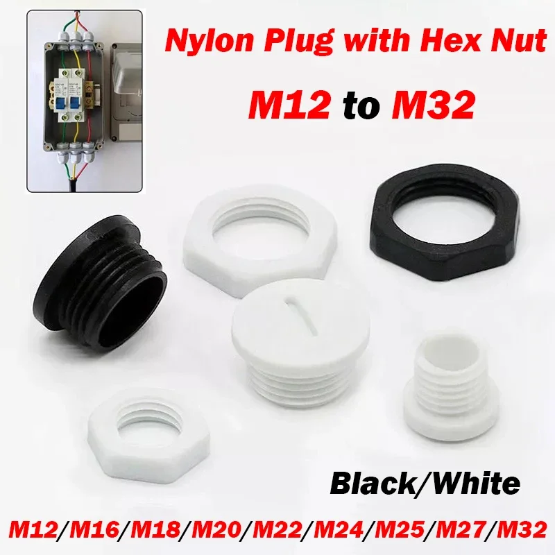 10Pcs Plastic Nylon M12/M14/M16/M18/M20/M22/M25/M27/M32 Black/White Male Blanking Plug with Hex Nut Waterproof Seal