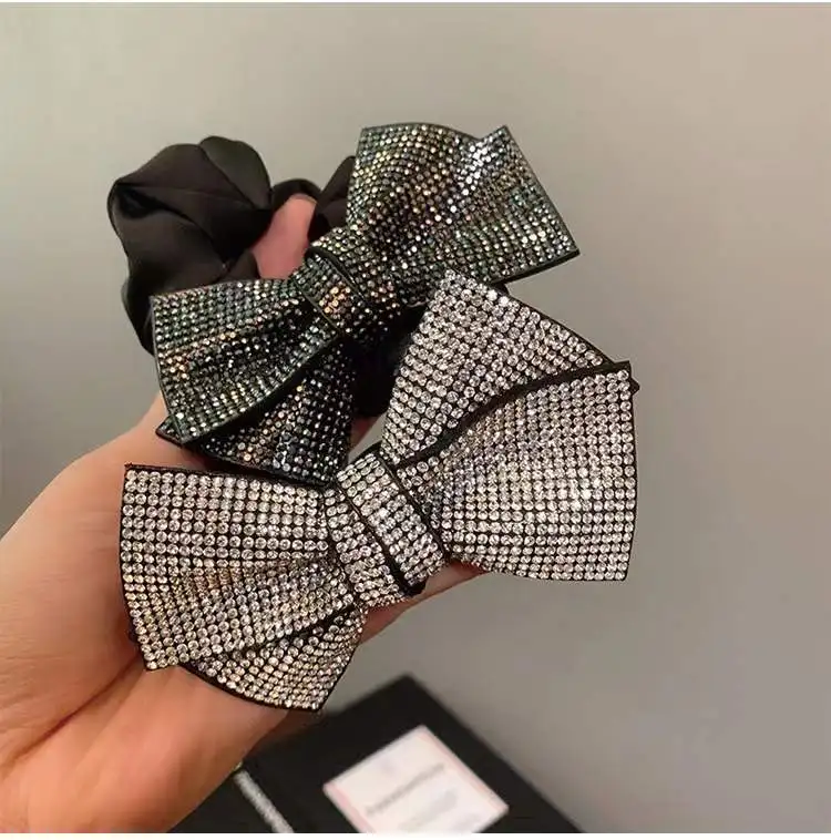 New Retro Bling Crystal Rhinestone Bow Scrunchie Hair Ties for Women Girls Hair Bands Jewelry Hair Accessories Pleated Headband