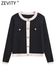 Zevity New Women O Neck Black White Color Matching Knitted Sweater Jacket Female Chic Pockets Design Crop Coats Chic Tops CT7100