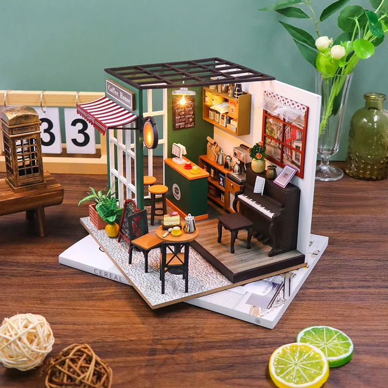 OUZEY Creative Cafe Dollhouse DIY, 3D miniatuur straatbeeld, montagekit cadeau voor tieners