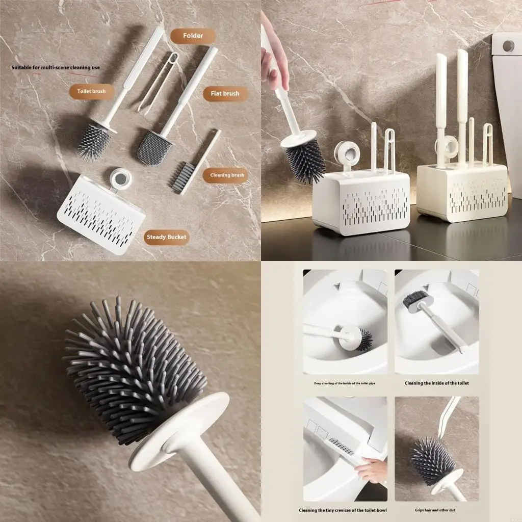 

4 in 1 Bathroom Cleaning Tool With Suction Cup Nonslip Base And Flexible Bristles Toilet Brush For Corner Sanitization KXRE