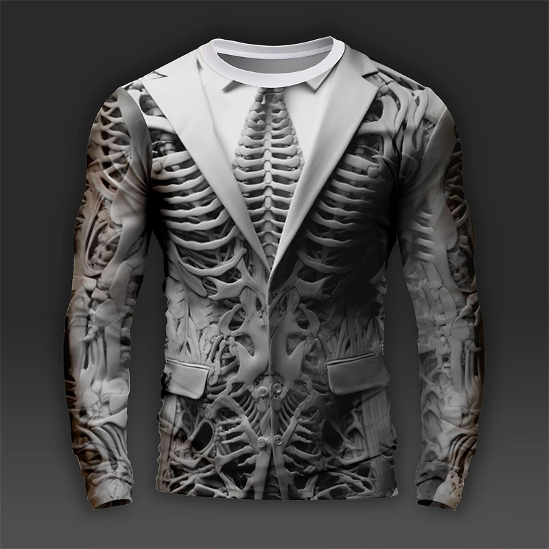 Fashion 3D Skull Printed Halloween Fake Suit Skeleton Pattern T-Shirt Cool Long Sleeve T Shirt Casual Streetwear Oversize Tees