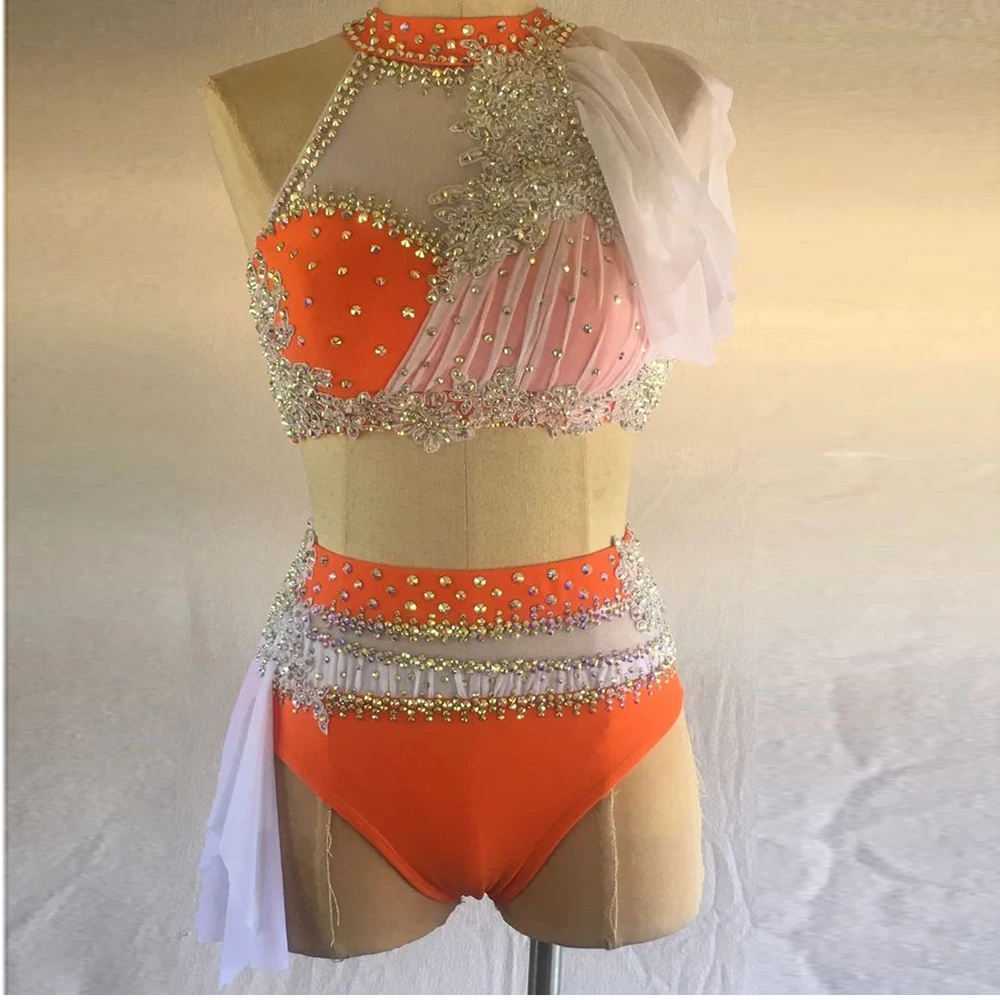 Orange Pole Dance Dress Suit Turtleneck Sleeveless Shiny Rhinestones Girls Competition Show