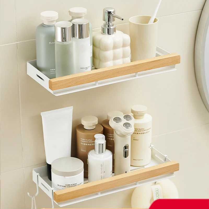 TOLM Bathroom Shelf Aluminum Shower Shelf wood Shower Shelf Black Finish Storage Suction Basket Storage Rack Bathroom Accessory