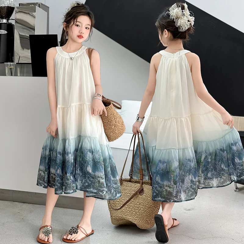 Girls Long Dress Summer Lace Up Fashion Children Beachwear Romantic Vacation Dress Kids Sleeveless Floral Princess Dress
