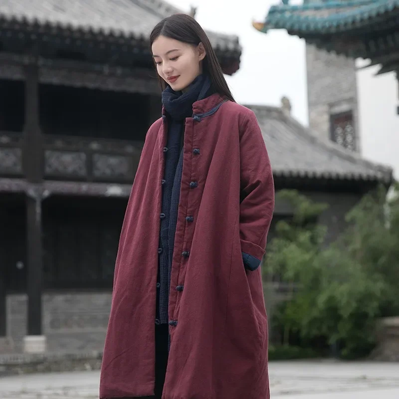 

Winter Parkas Retro Chinese Style Stand Collar contrast color Single Breasted Long Coat Linen Loose pockets Coat Women Clothing