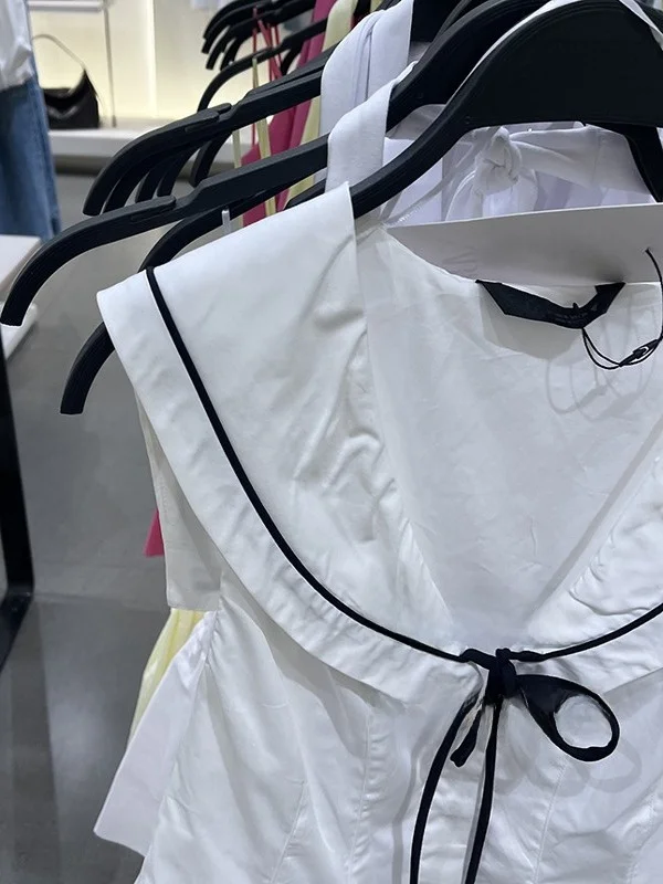 Letnia Nowa Słodka Sukienka Damska Bez Rękawów z Kołnierzykiem Marynarskim Ozdobiona Węzłem Mieszanka Jedwabiu Długość Midi Prosty Krój