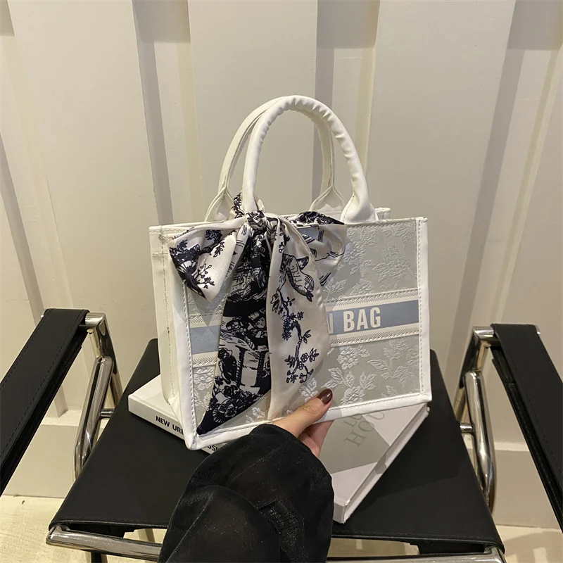 

Chic Embroidered Handbag Silk Scarf Bow Women Tote Bag PU Leather Letter Underarm Bag for Commute Shopping