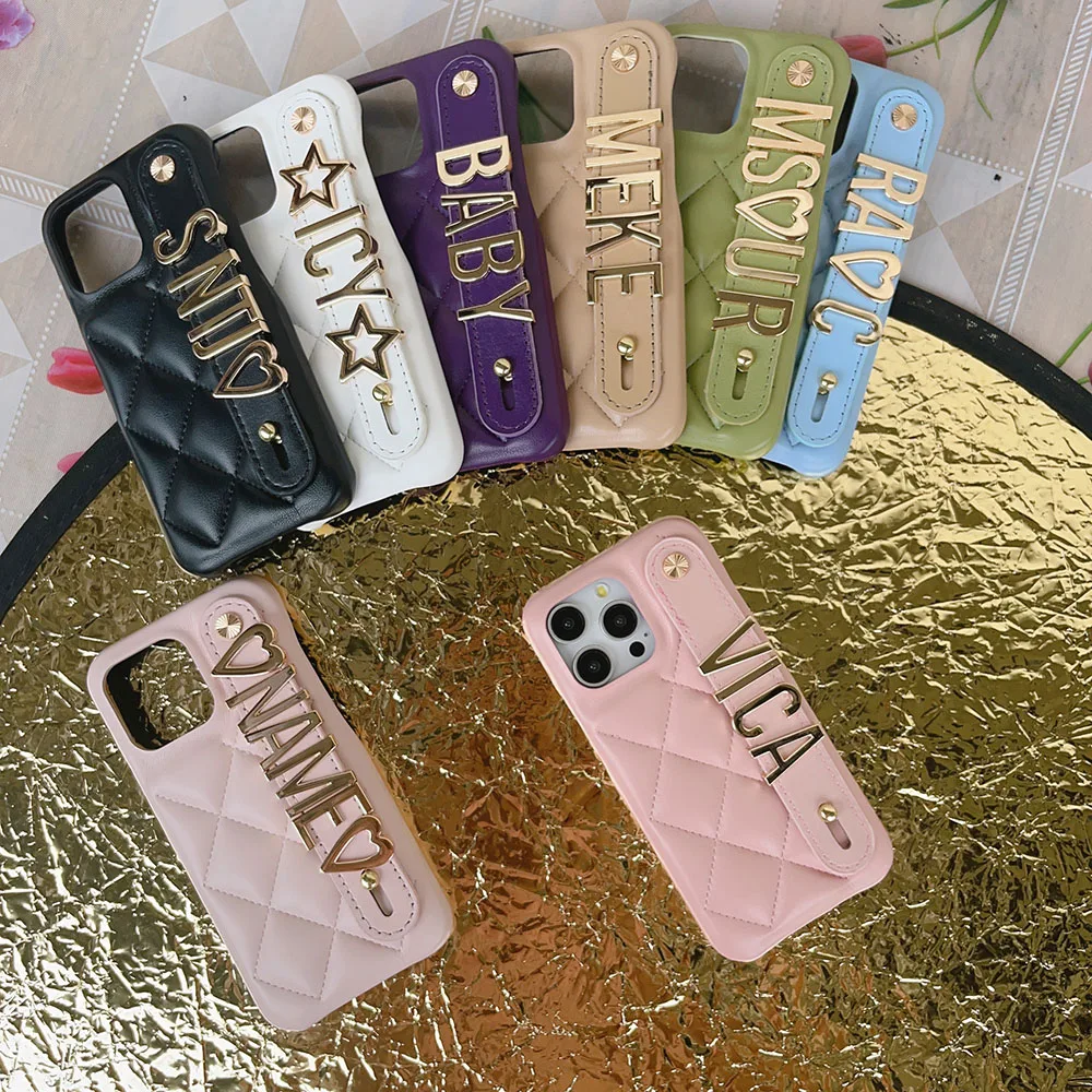 For iphone15 Luxury Personalized Initials Metal Name Letters Leather Phone Case For IPhone15 14 13 12 11Pro Max Protective Cover