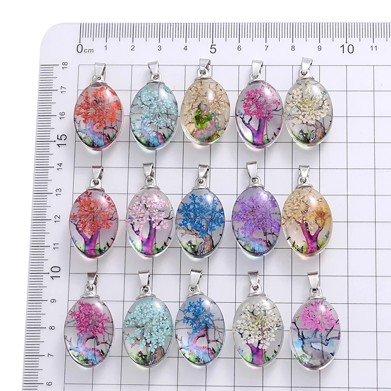 3Pcs Charm Glass Dried Flower Pendant Classic Oval Dried Flower Pendant For Jewelry Making Women Accessories Necklace Bracelet