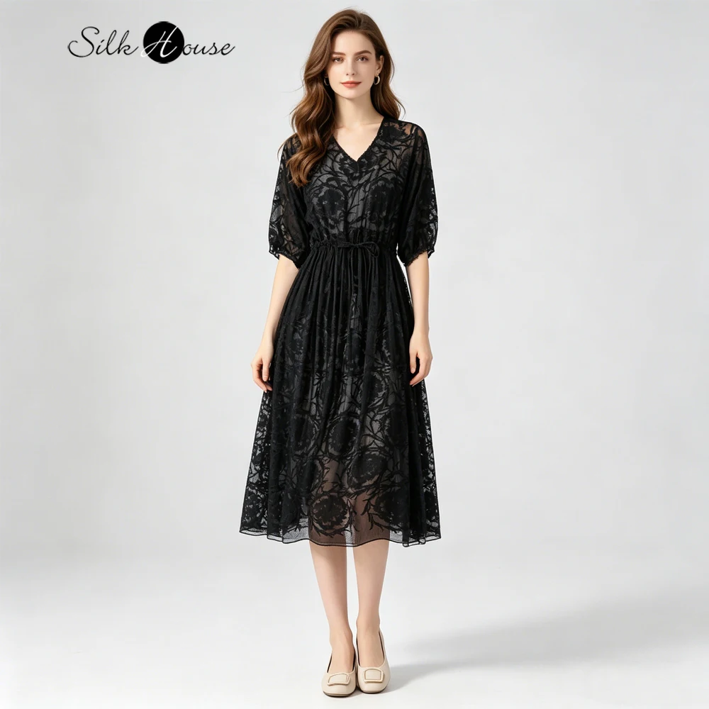 Versatile Black Heavy Duty Embroidered Natural Mulberry Silk Georgette Half Perspective V-neck High Waist Drawstring Loose Dress