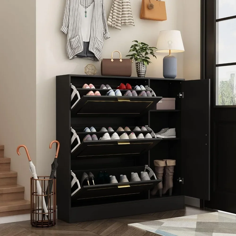 Shoe Storage Cabinet with 3 Flip Drawers & Locker, Wood Shoe Cabinet for Entryway, Black and Gold (47.2”W X 9.5”D X 47.2”H)