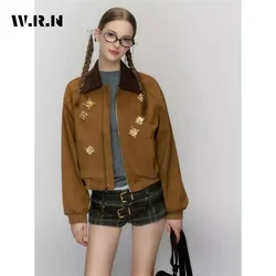 2024 Winter Female Vintage Style Loose Zipper Turn Down Collar Jacket For Women Street Patchwork Fashion Appliques Coat Top