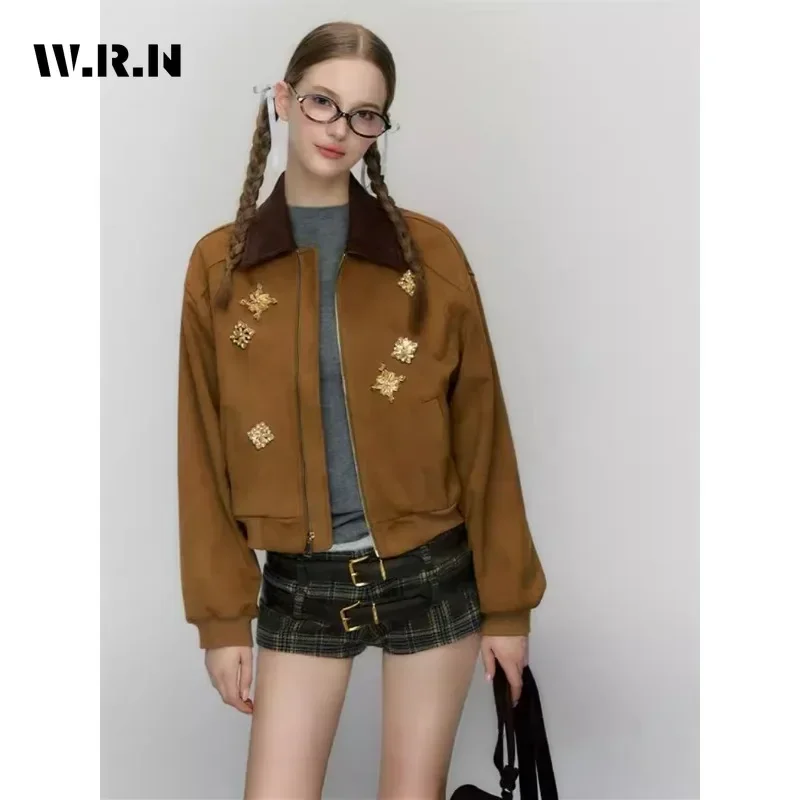 2024 Zimowa kurtka damska w stylu vintage z luźnym zamkiem błyskawicznym i kołnierzem dla kobiet Street Patchwork Fashion Appliques Coat Top