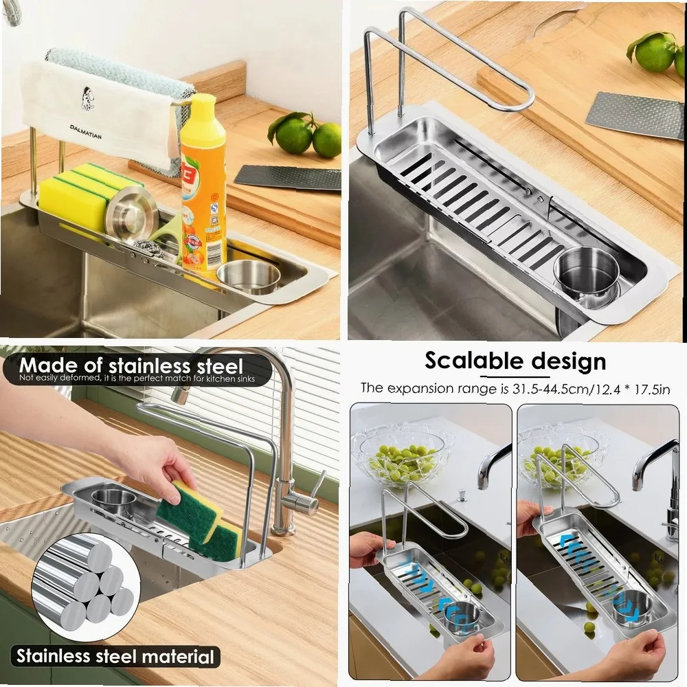

Stainless Steel Telescopic Sink Organizer, 2-Tier Dish Sponge Holder & Towel Rack with Drain Basket, Kitchen Bathroom Storage