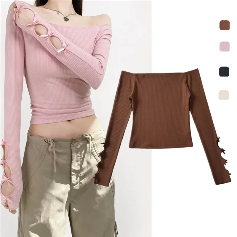 

Pure Desire Sexy oulder T-irt Women's Slim Fit One-oulder Base irt Hollow out Knot ort Sve Top