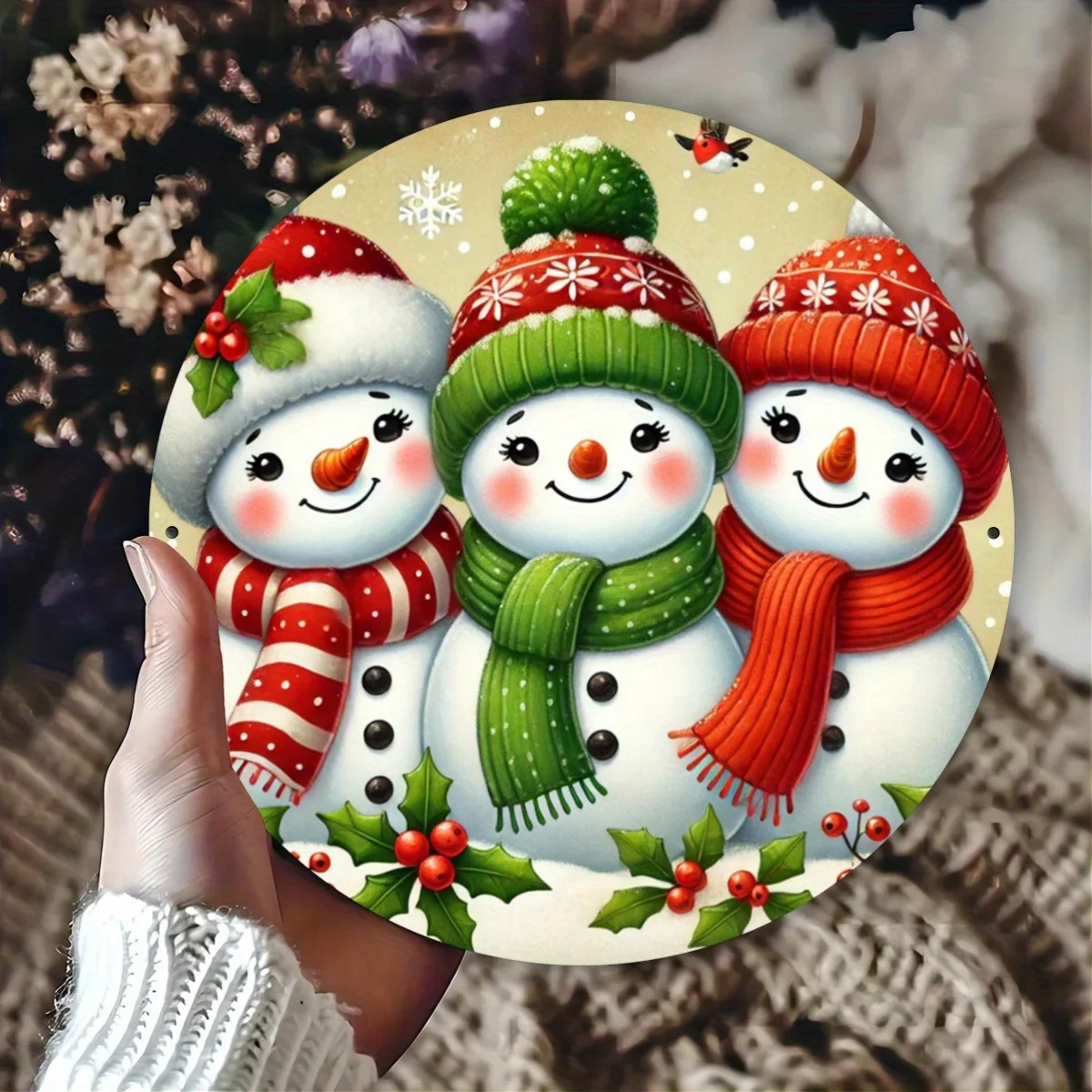 Linda Letrero Metálico Redondo de Navidad con Diseño de Familia de Muñecos de Nieve, Decoración Retro de Pared con Bayas de Aloe Vera para el Hogar, Cocina, Cafetería, Decoración Navideña